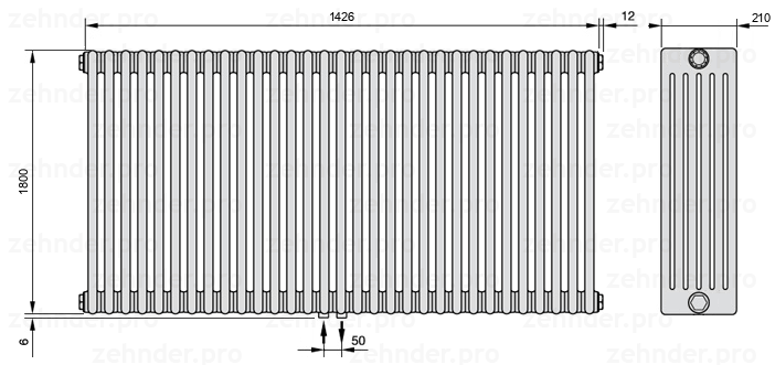 Схема (чертеж) Радиатор Zehnder Charleston 6180/31 №3470 Белый глянцевый RAL 9016